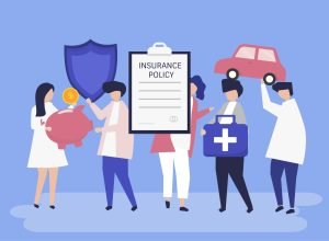 Characters of people holding insurance icons illustration