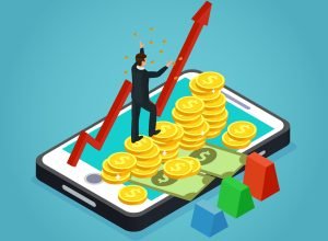 Isometric financial development and management concept with businessman growing arrow money gold coins on mobile screen isolated vector illustration